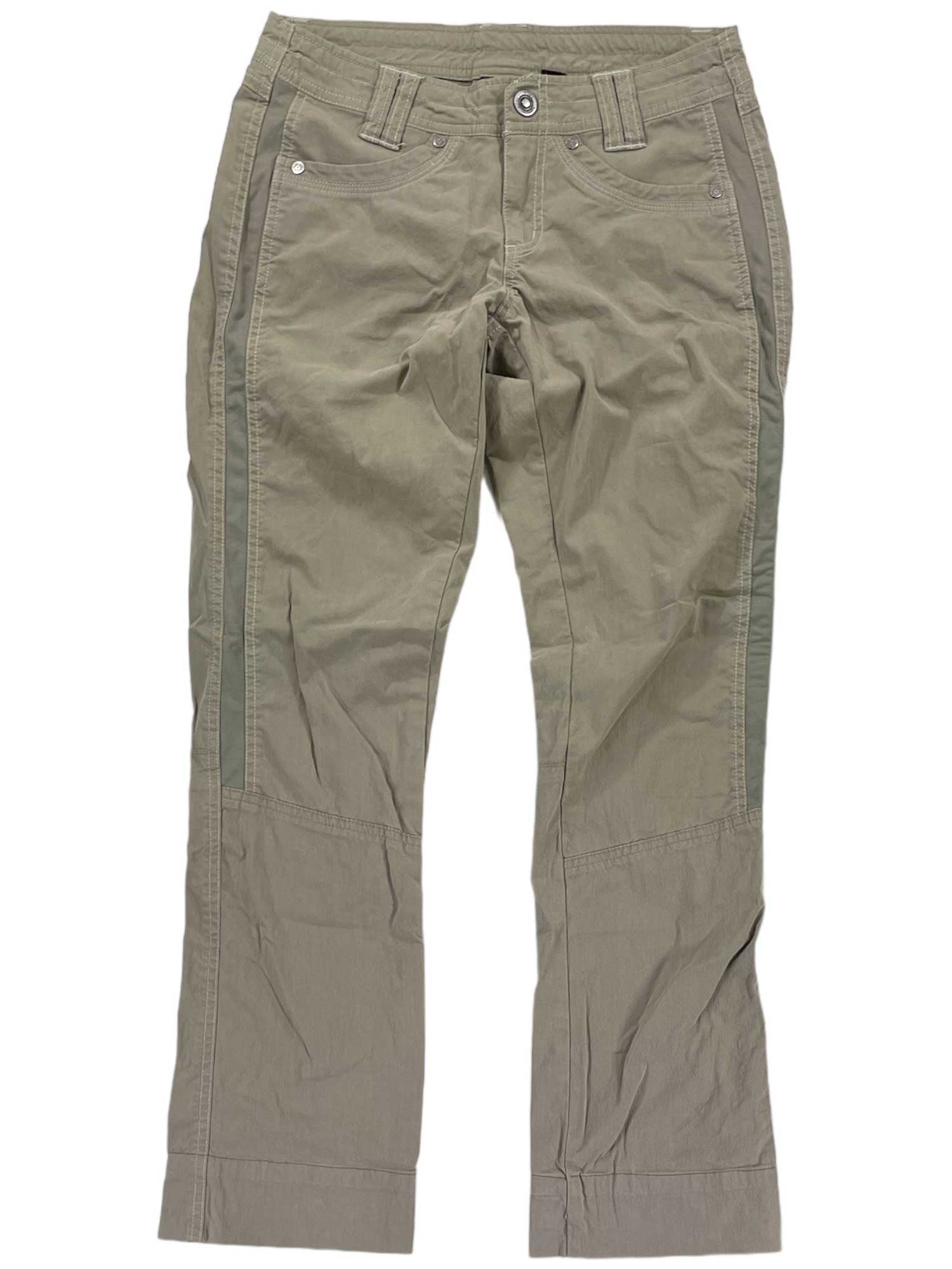 Womens Vintage Patina Dye Pants in light olive green are laid flat on a white background, featuring belt loops, front pockets, and stitched panel details for a durable everyday look with subtle vintage appeal.