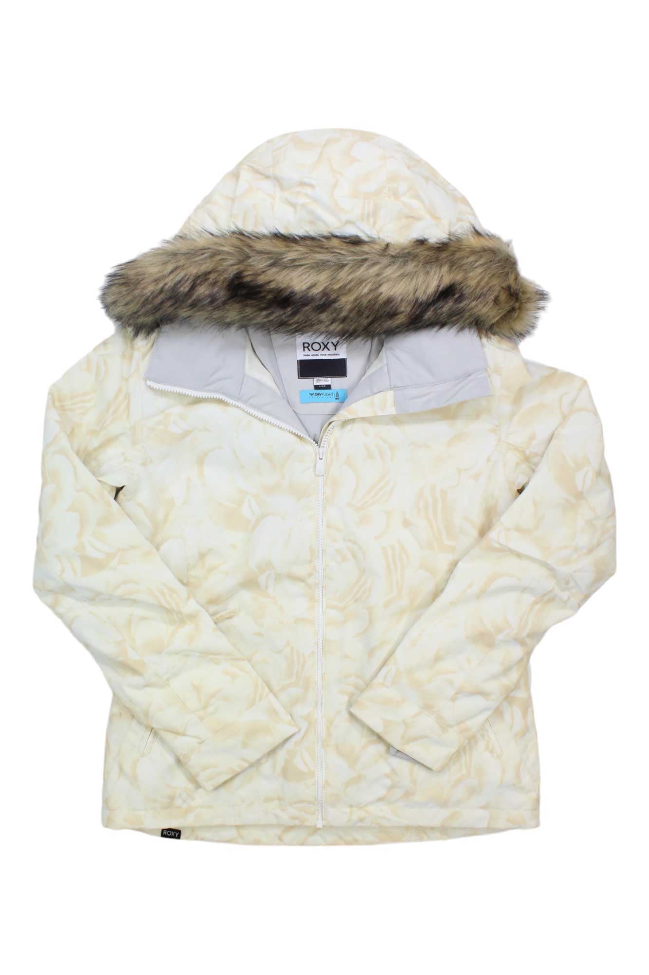 The Roxy Womens Jet Ski Jacket is cream-colored with a patterned design, faux fur-trimmed hood, front zipper, and light gray lining. This insulated snowboard jacket combines style and warmth—perfect for winter sports.