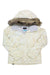 The Roxy Womens Jet Ski Jacket is cream-colored with a patterned design, faux fur-trimmed hood, front zipper, and light gray lining. This insulated snowboard jacket combines style and warmth—perfect for winter sports.