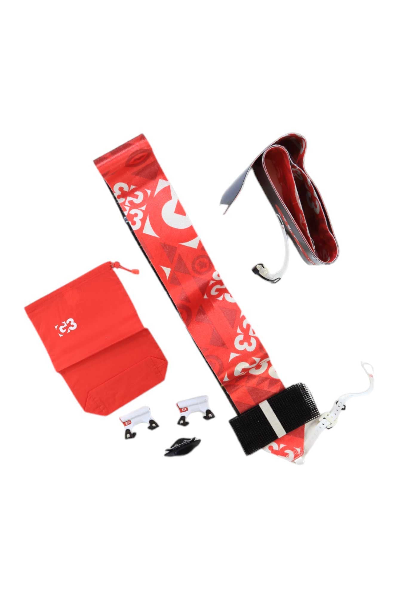 The G3 Escapist Universal Skin-120MM features a red and white pattern, black straps, metal clips, a matching red storage bag, and multiple small black and silver hardware pieces, all displayed on a white background.