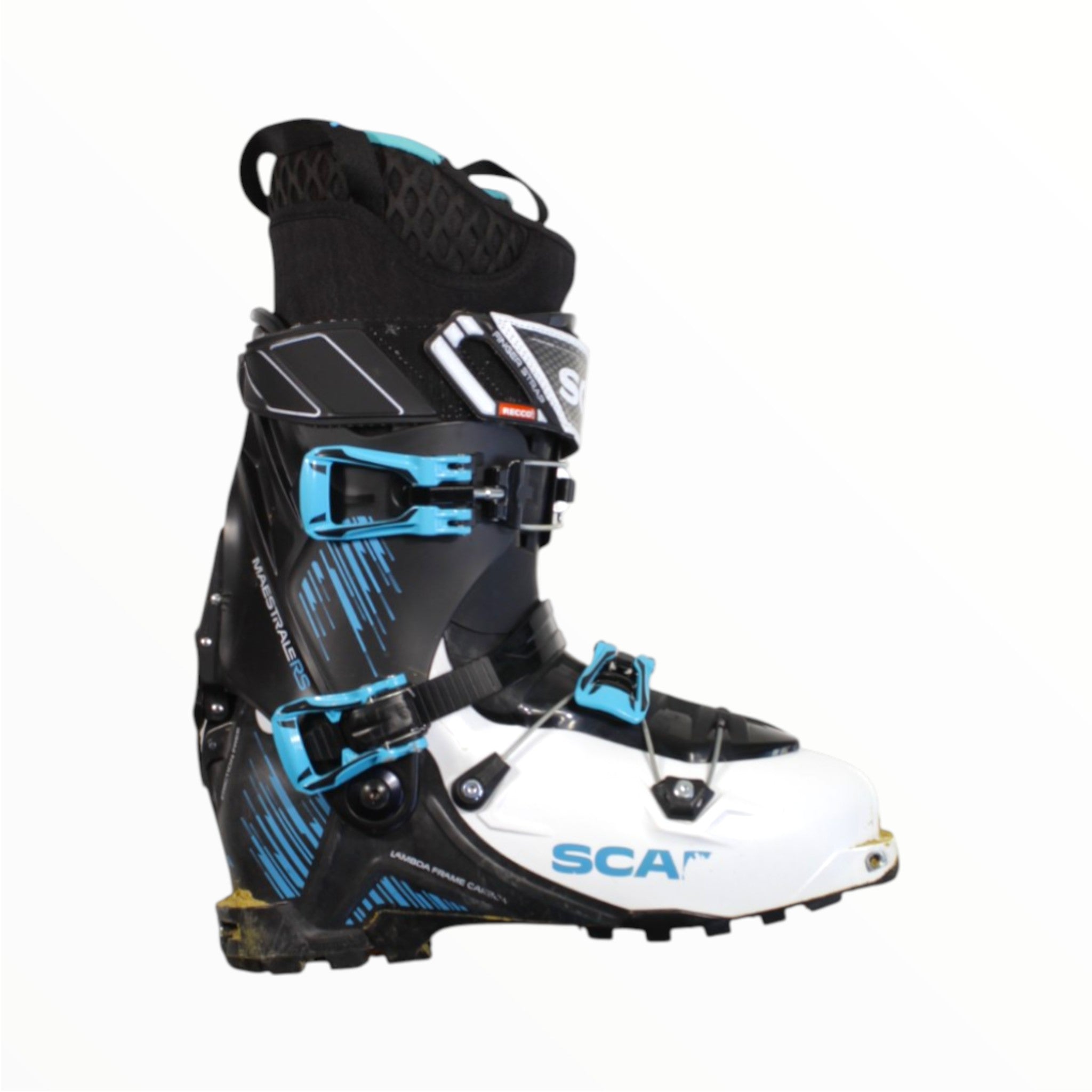 A single Scarpa Mens Maestrale RS Ski Boot in black, white, and blue with buckles and a rugged sole for alpine touring or backcountry skiing is displayed on a white background.