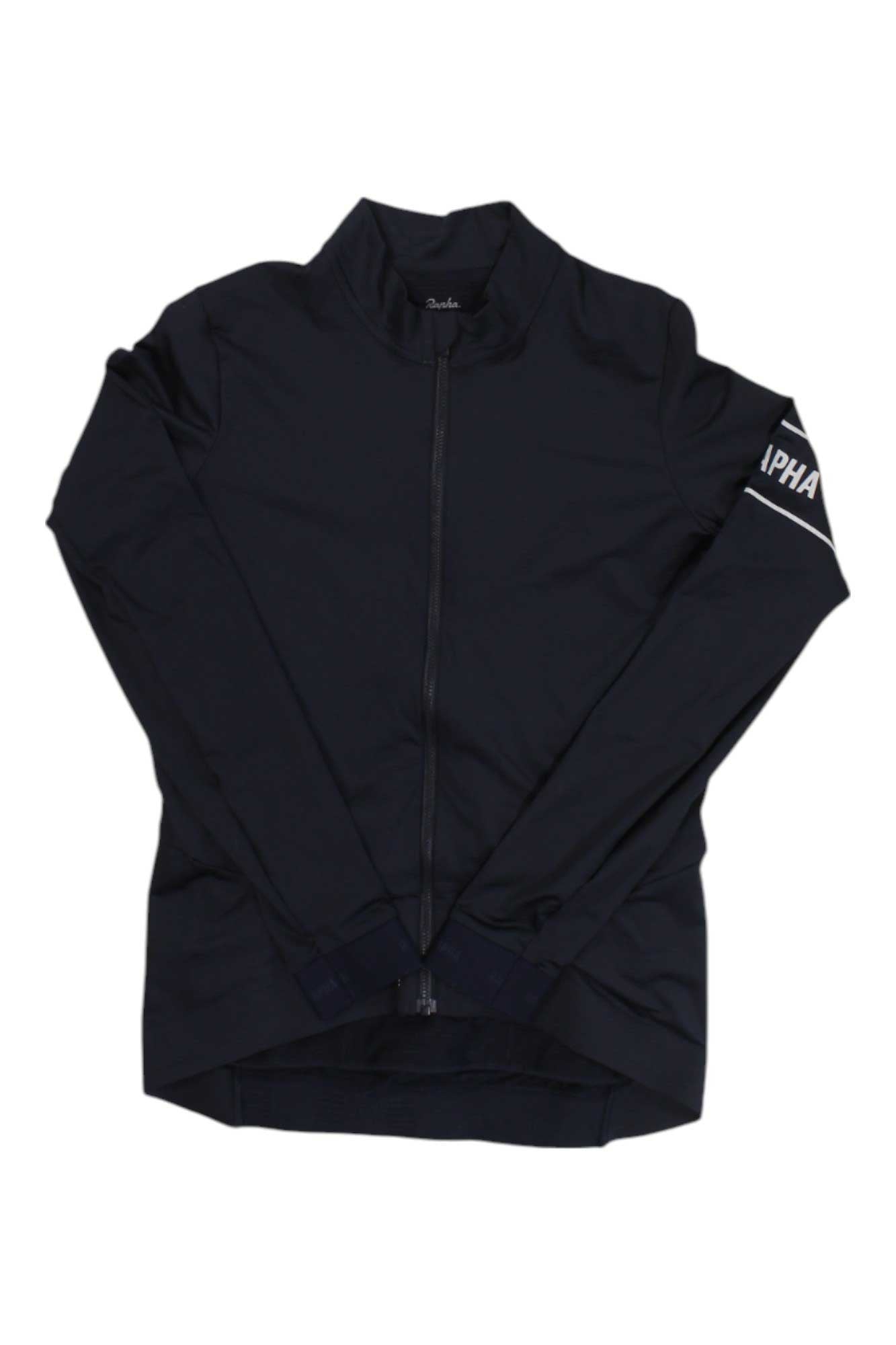 Dark blue long-sleeve cycling jersey with stand collar and full front zipper.