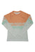 The Huk Womens Salt Dye Stripe Pursuit shirt features UPF 30+ sun protection, an orange upper, mint green tie-dye stripes, and a light gray lower section. It’s a moisture-wicking long sleeve laid flat on a white background.