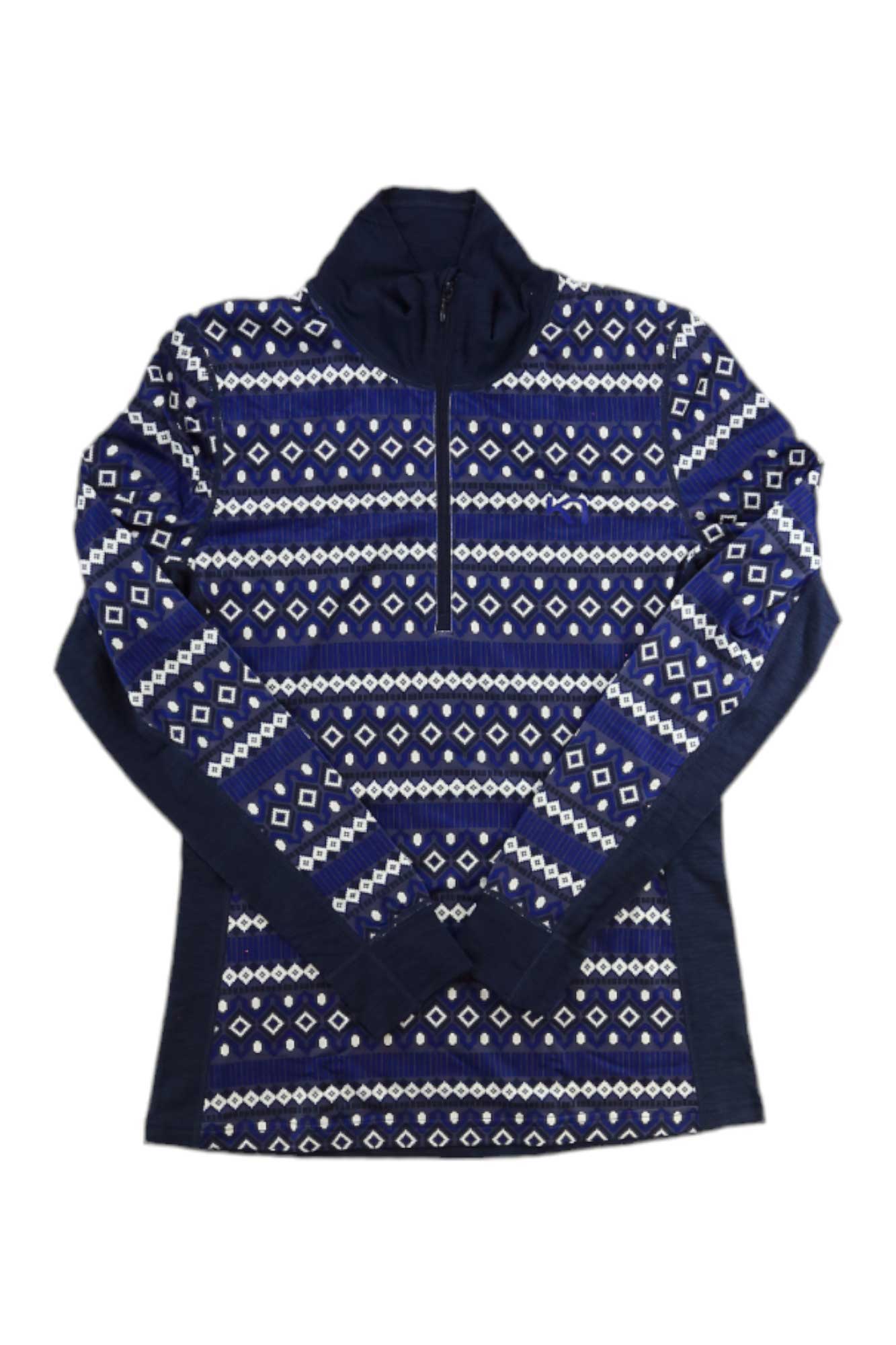 The Kari Traa Women's Lune Half Zip Top is a navy long-sleeve base layer featuring white geometric diamond and zigzag patterns across the chest, sleeves, and torso—combining comfort with stylish versatility.