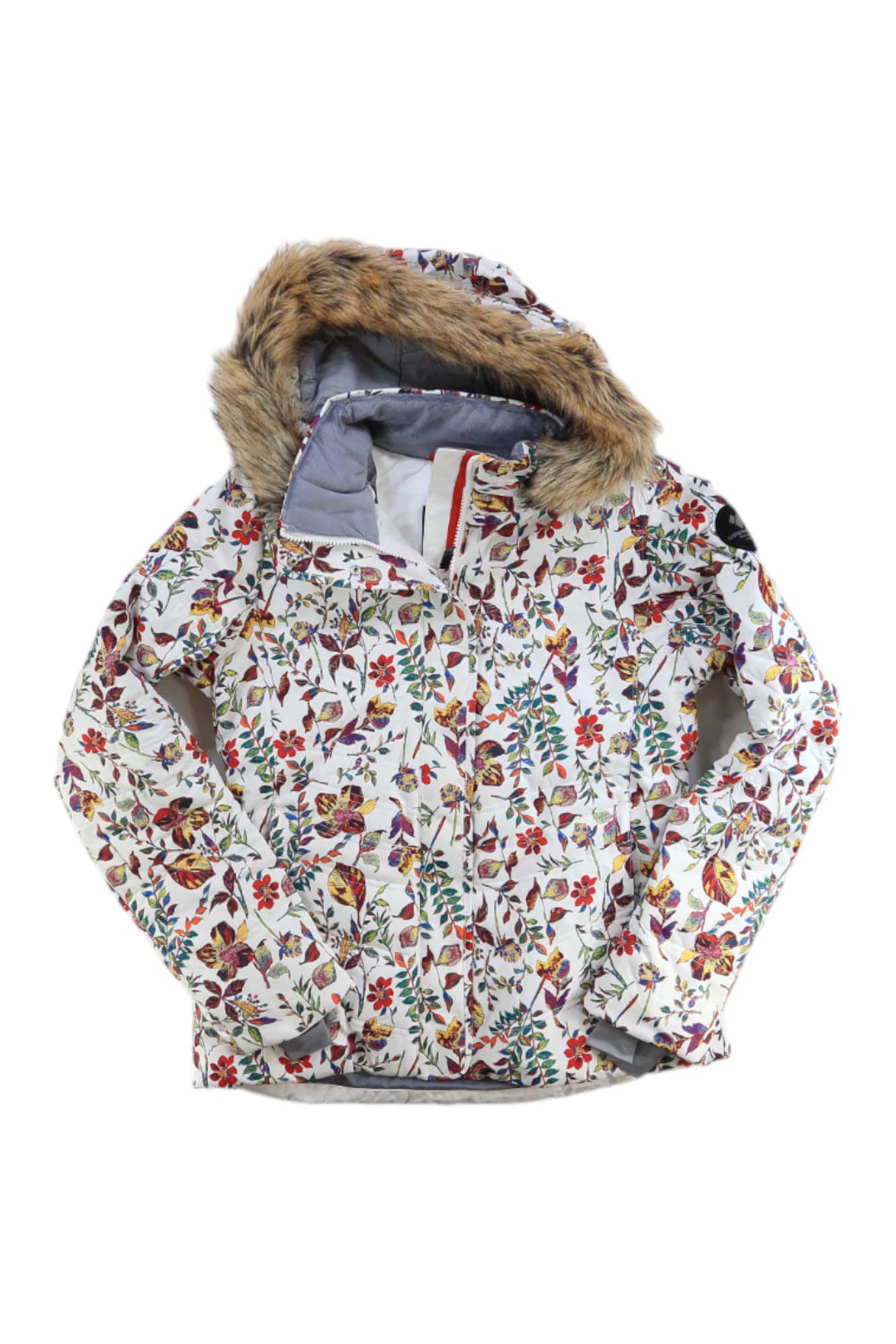 The Tuscany II Jacket is a white winter jacket with a hood, featuring vibrant floral and butterfly prints and a brown faux fur trim on the hood, shown flat on a white background.