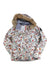 The Tuscany II Jacket is a white winter jacket with a hood, featuring vibrant floral and butterfly prints and a brown faux fur trim on the hood, shown flat on a white background.