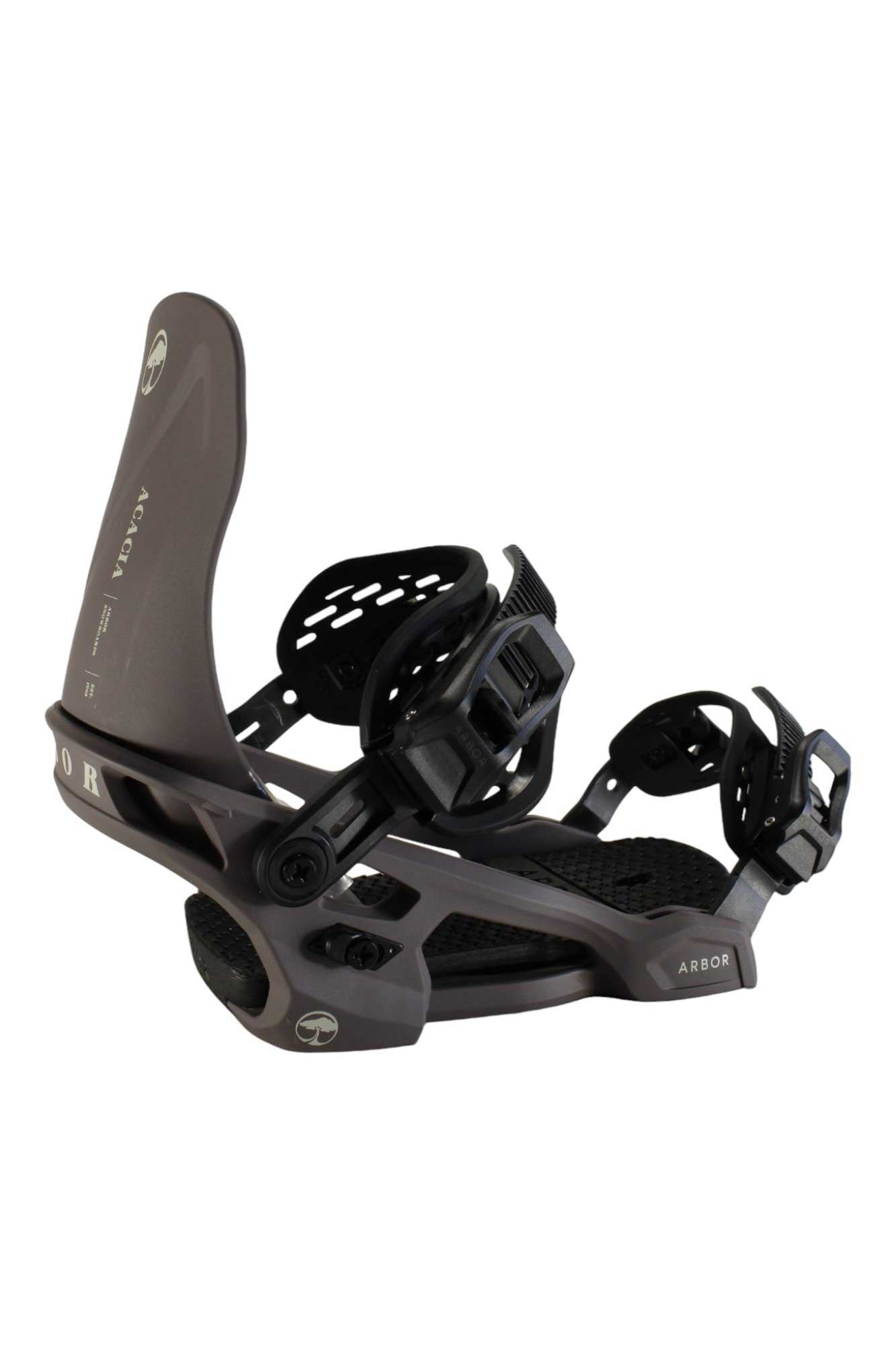 Arbor Womens Acacia Snowboard Binding in dark gray and black offers an ergonomic fit and lightweight baseplate, delivering all-day comfort and performance on the slopes.