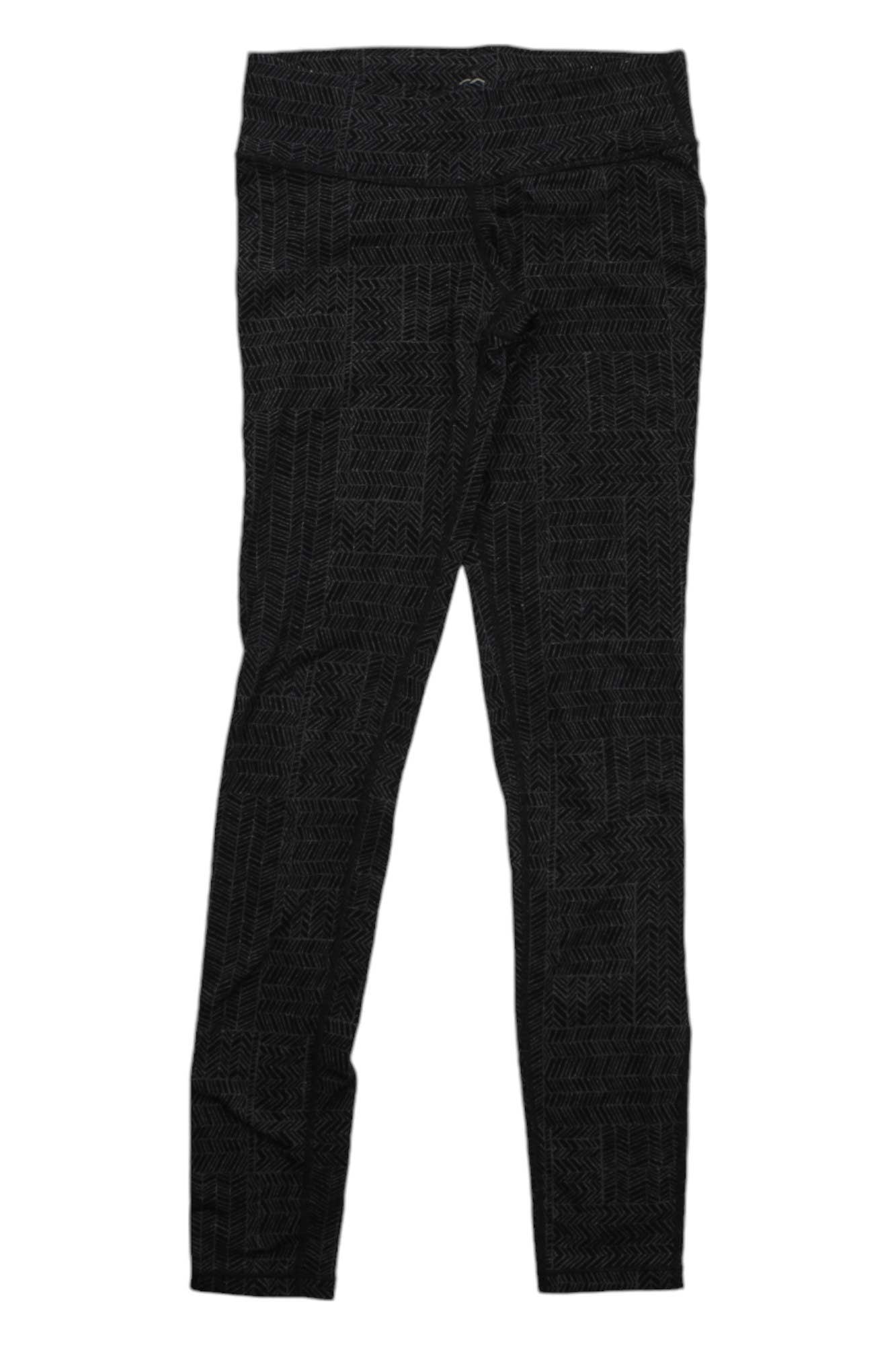 Ashley Leggings in black feature a slim fit with a subtle geometric pattern, front tie detail, and performance stretch fabric for comfort, shown flat on a white background.