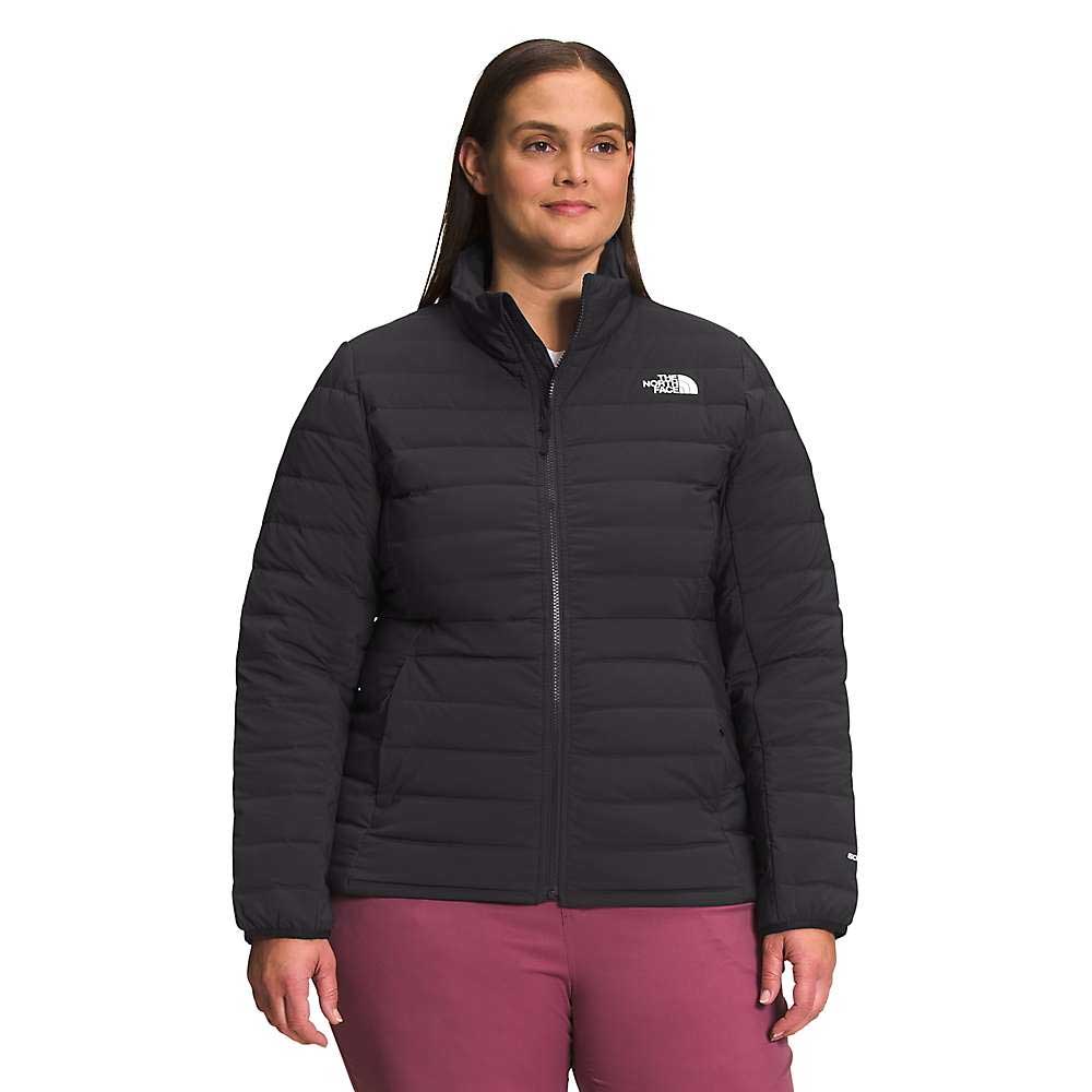 Women's plus stretch down jacket, dark black, full-zip puffer with hood and logo