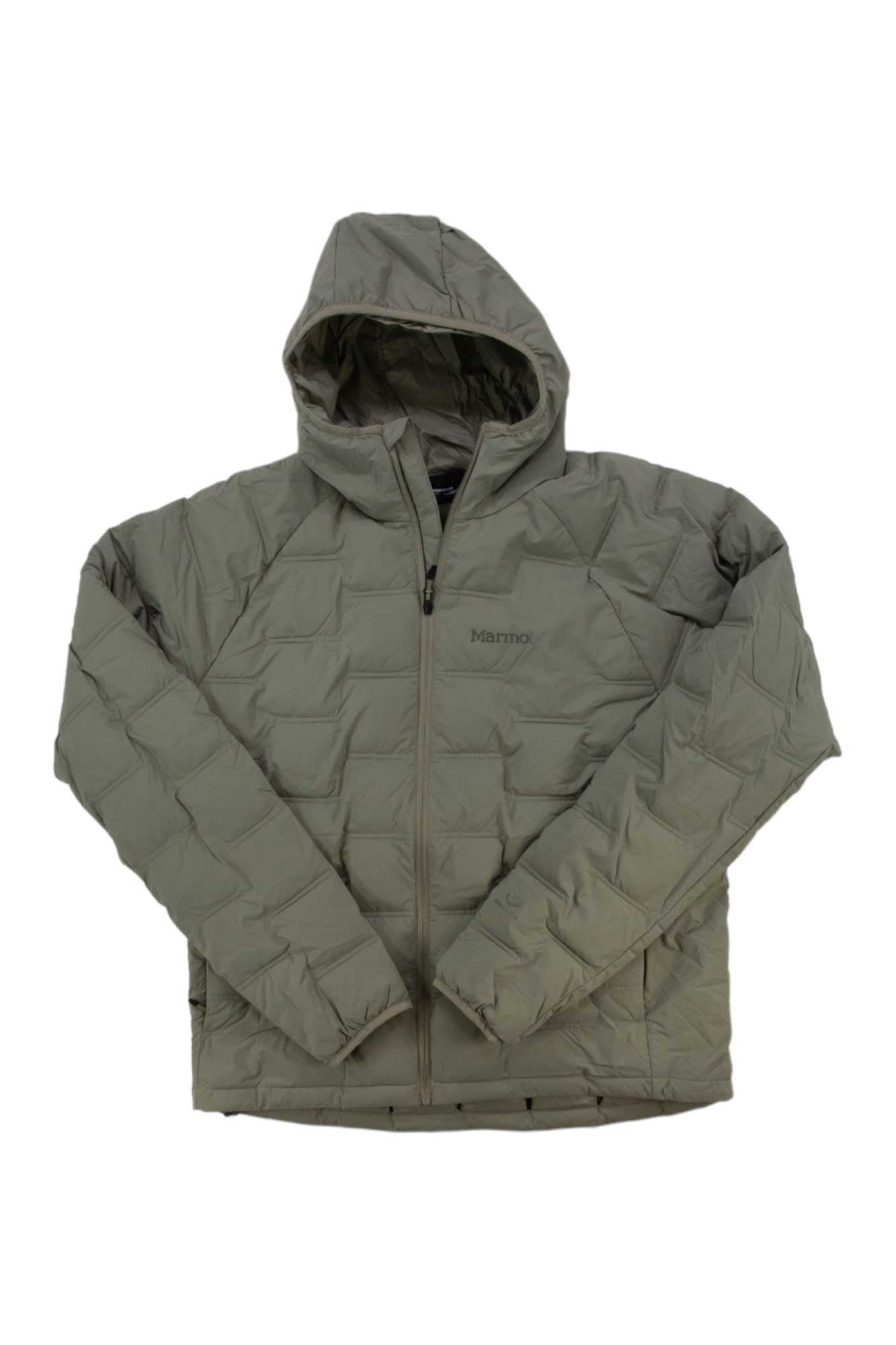 The Mens WarmCube Active Novus Jacket features light olive green, quilted, recycled nylon with a hood, front zipper, and Marmot logo on the chest, shown against a white background.