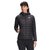A woman wears The North Face Womens ThermoBall Eco Hoodie in black, featuring a chest logo. Made from recycled nylon with a front zipper and hood, she stands against a plain white background with her left hand in the pocket.