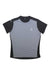 The Haglofs Mens L.I.M Tech Tee is a short-sleeved athletic shirt made from recycled polyester with a light gray front, black sleeves and sides, moisture-wicking fabric, and small logo/text accents on the left chest and right shoulder.