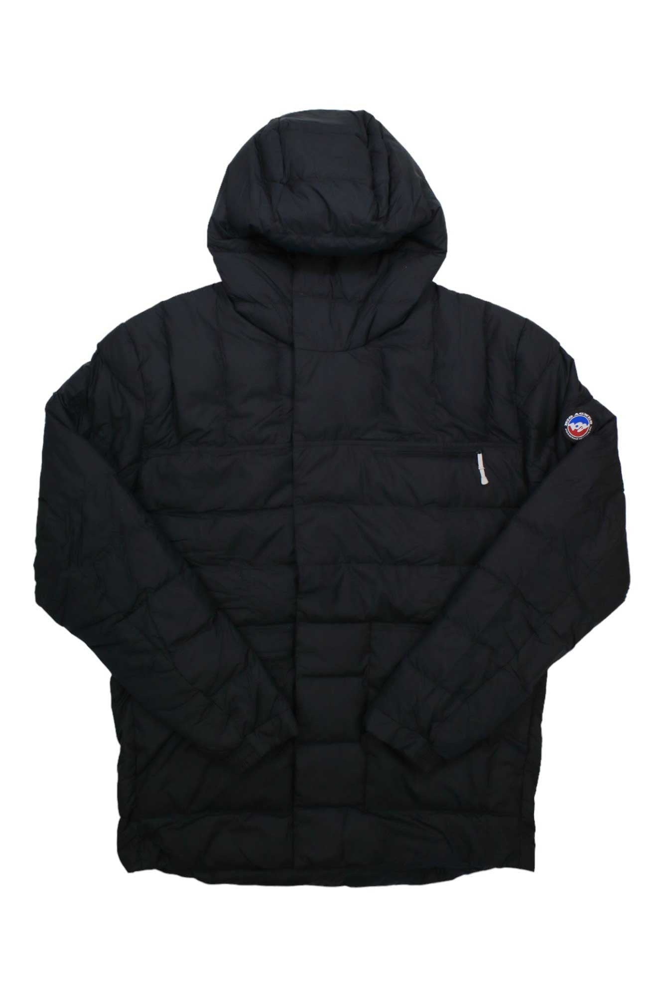 The Big Agnes Men's Freighter Jacket in black features a hood, long sleeves, a small patch on the left sleeve, quilted horizontal stitching, and a subtle chest logo—an eco-friendly choice for outdoor style.