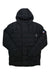 The Big Agnes Men's Freighter Jacket in black features a hood, long sleeves, a small patch on the left sleeve, quilted horizontal stitching, and a subtle chest logo—an eco-friendly choice for outdoor style.