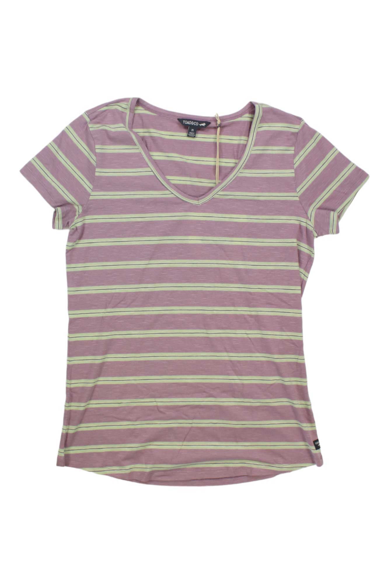 The Toad & Co Womens Marley II SS Tee is a soft organic cotton v-neck tee with short sleeves, featuring light green and white horizontal stripes on a light purple background, shown laid flat on a white surface.