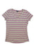 The Toad & Co Womens Marley II SS Tee is a soft organic cotton v-neck tee with short sleeves, featuring light green and white horizontal stripes on a light purple background, shown laid flat on a white surface.