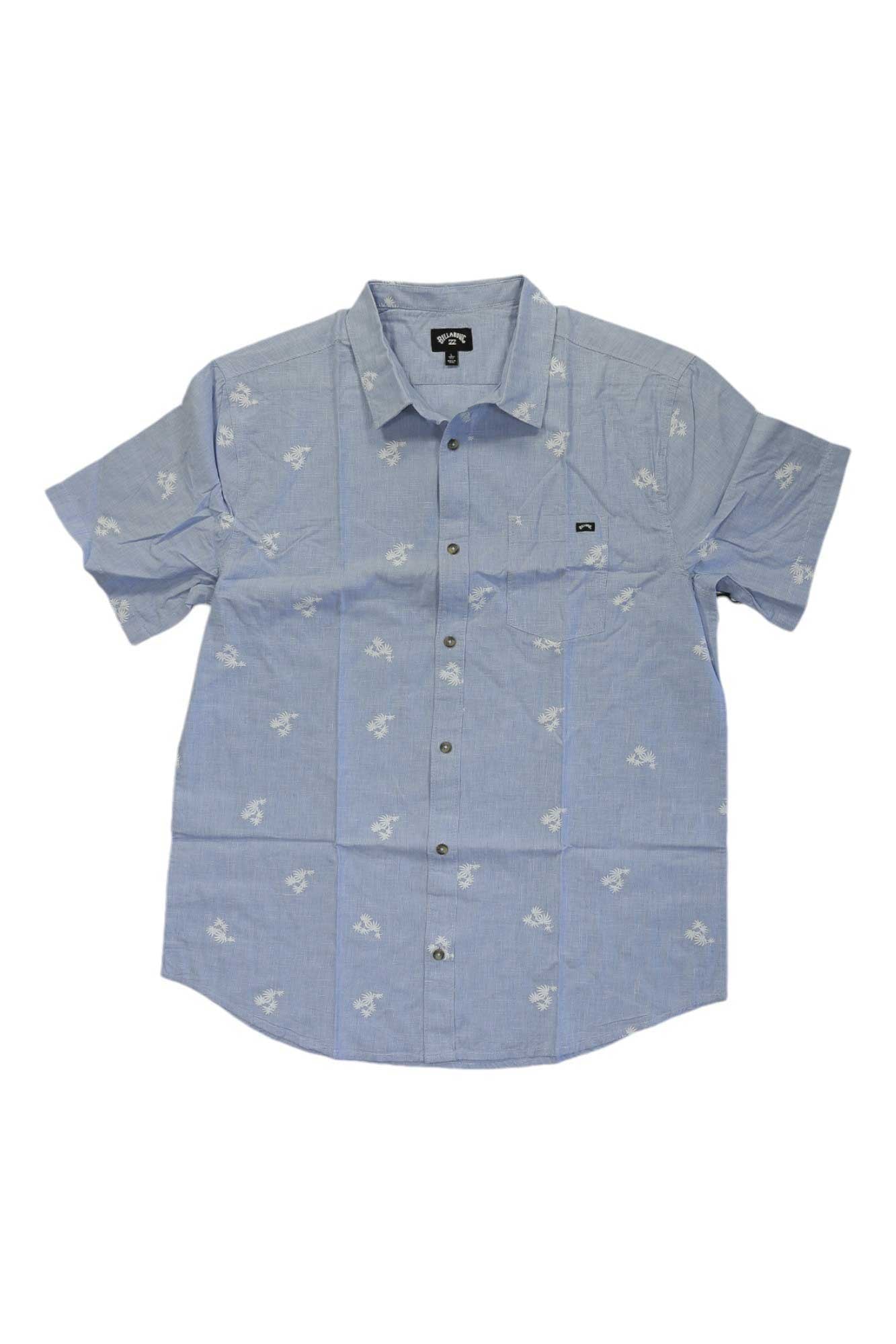 Billabong Men's Sundays Mini SS Shirt in light blue, featuring short sleeves, a subtle white floral print, left chest pocket with black brand tag. The shirt is displayed flat on a white background.