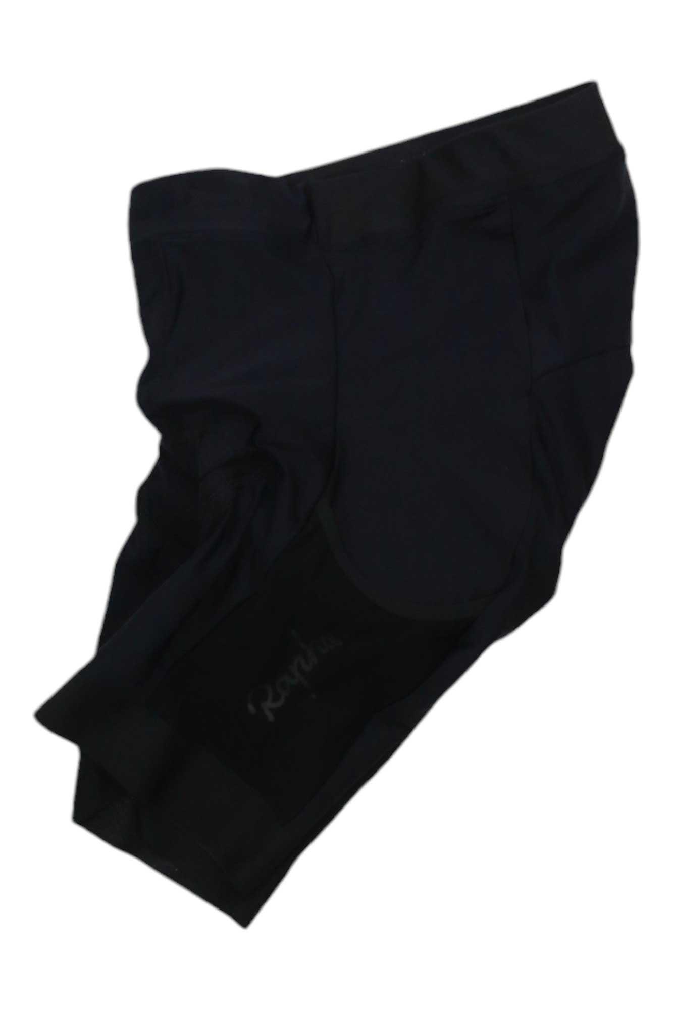 Rapha black cargo shorts, angled side view with cargo pocket and slanted hem