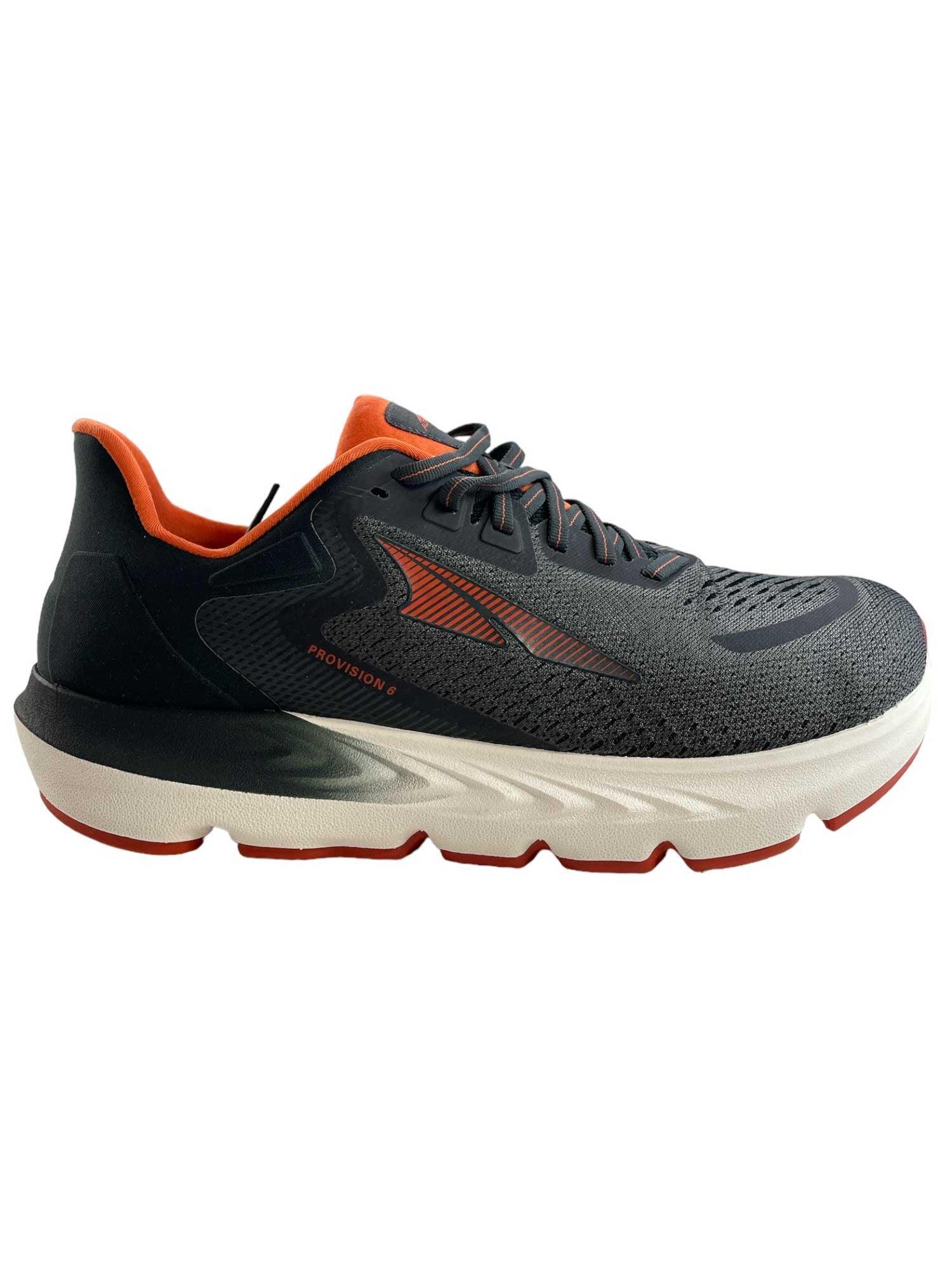 Altra Provision 6 running shoe, black mesh upper, orange heel collar and logo, lace-up