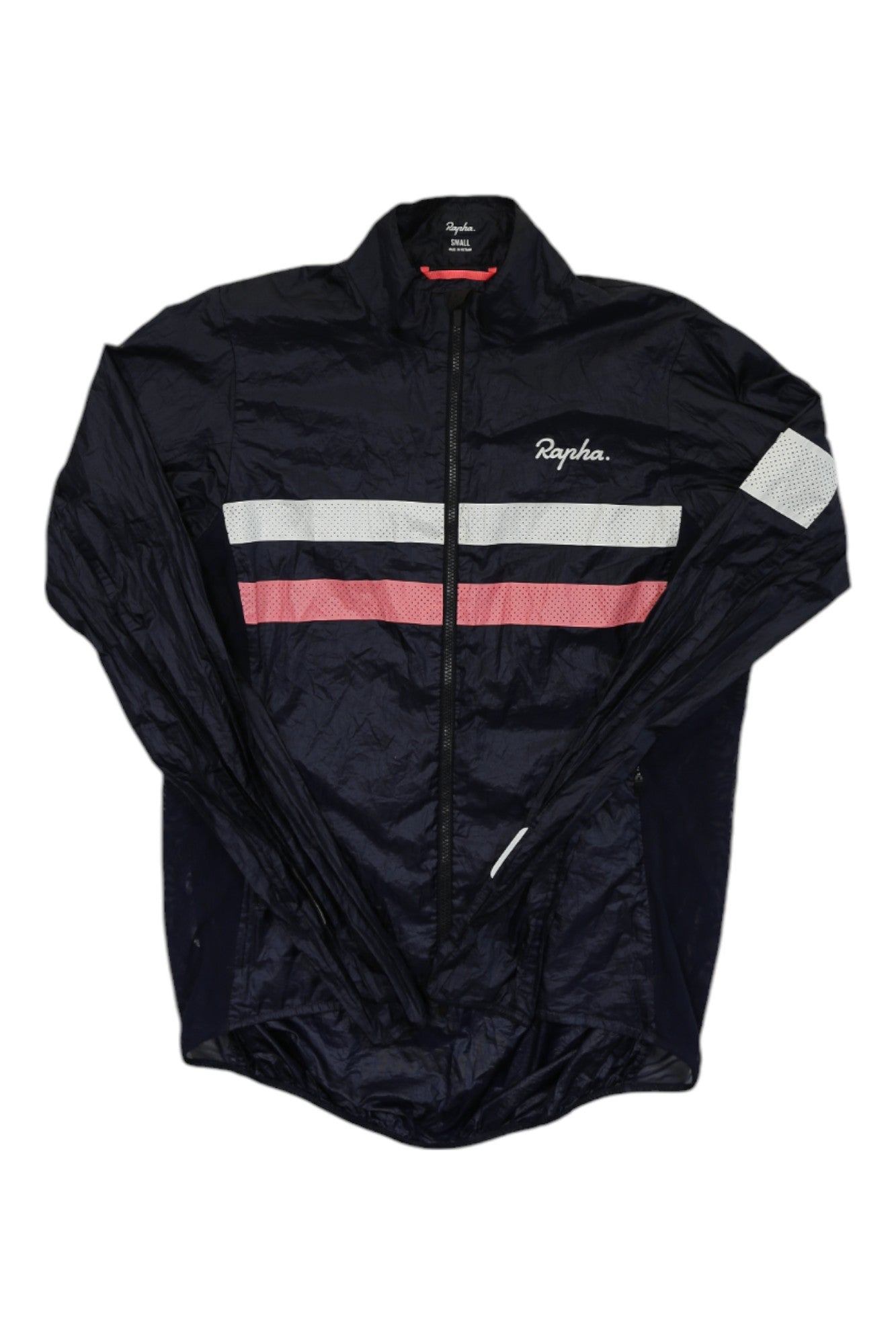 Women's navy wind jacket with reflective gray band and pink stripe, front zip
