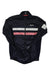 Women's navy wind jacket with reflective gray band and pink stripe, front zip