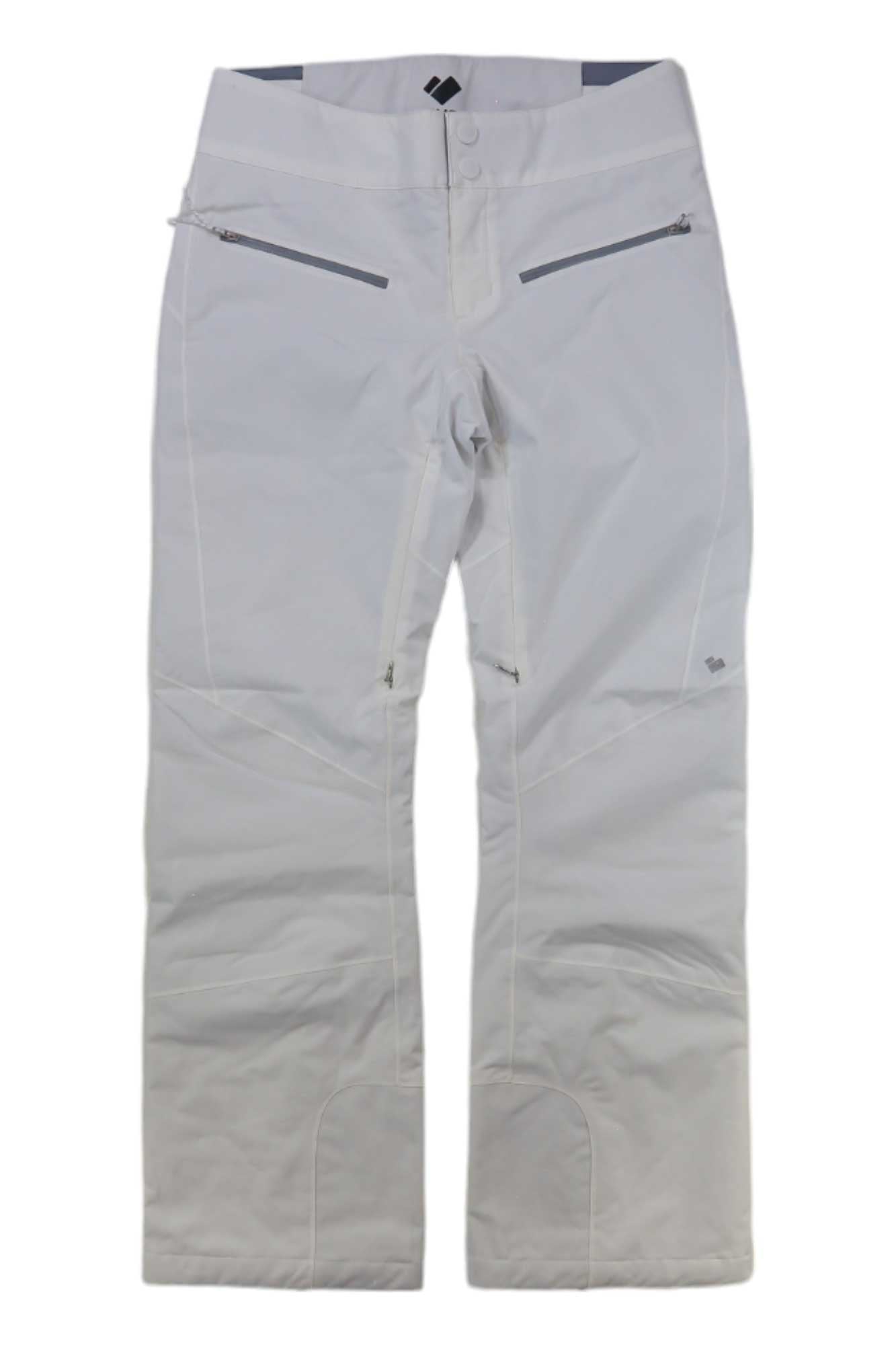 The Obermeyer Womens Bliss Pant, in white, features insulation, two zippered hip pockets, and reinforced knees, shown flat against a plain background.