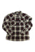 The Outdoor Research Men's Feedback Flannel Shirt features a black, red, yellow, and white plaid pattern, moisture-wicking fabric, long sleeves, button-up front, and two chest pockets with flaps and buttons.