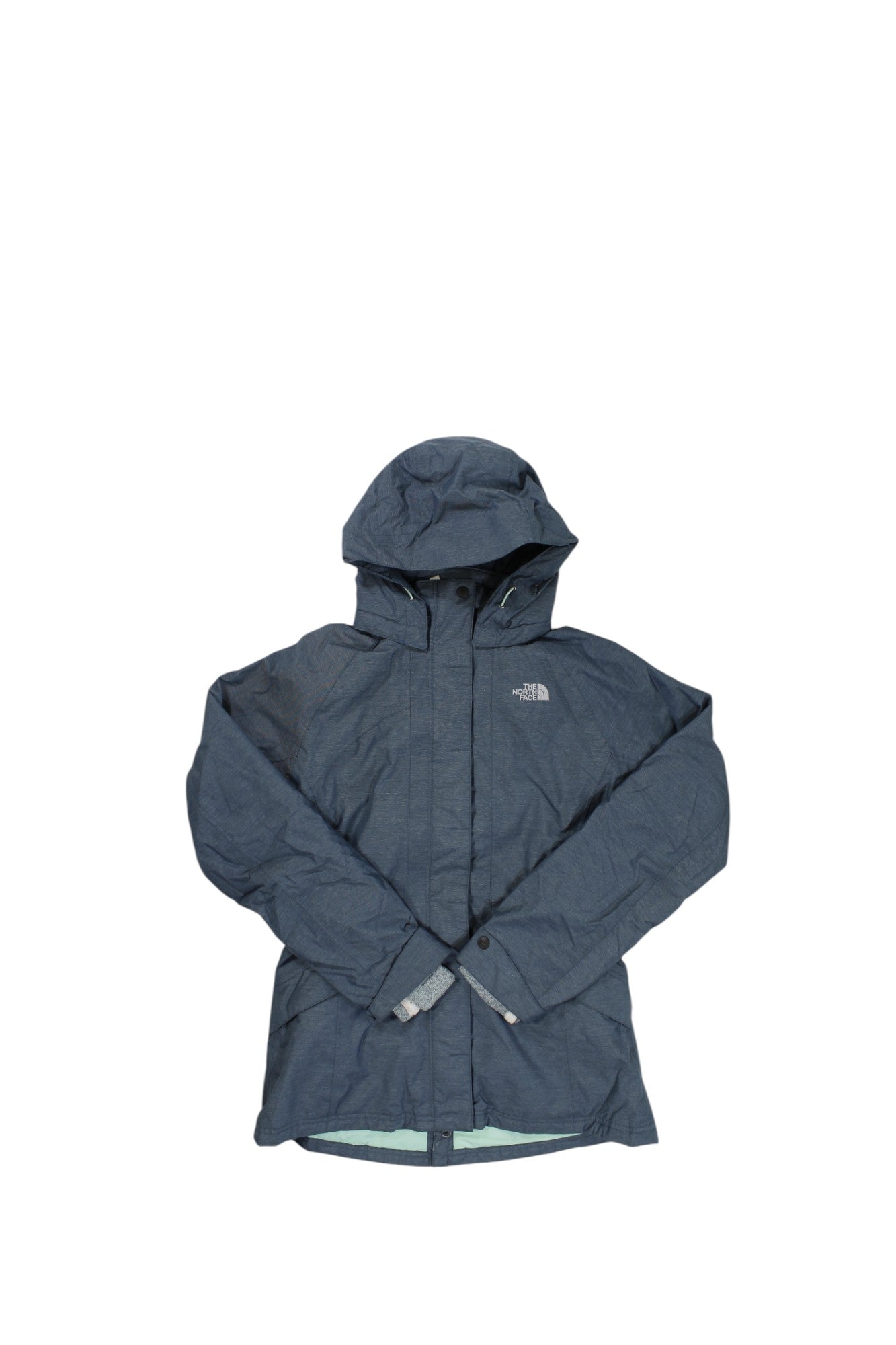 The North Face Womens Cold Weather 3-in1 Parka in dark blue, featuring long sleeves, a zipper front, and the logo on the left chest, is laid flat on a white background—perfect for winter sports.