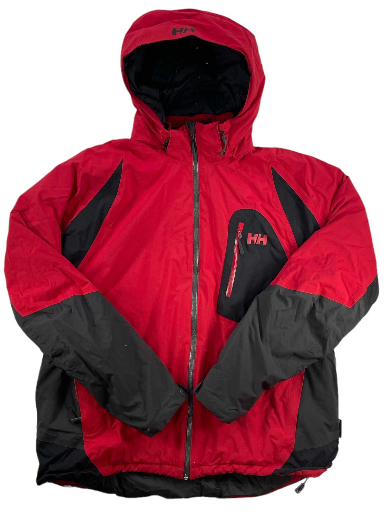 Men's Helly Hansen ski jacket with hood, red and black, front zip and HH logo