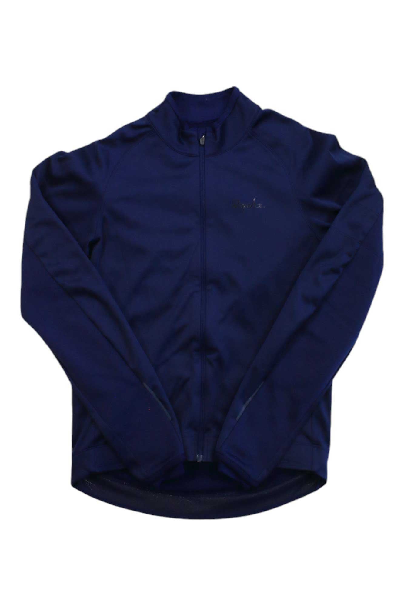 The Rapha Mens Core Winter Jacket is a dark blue, long-sleeve insulated cycling jacket with a full front zipper, designed for cold weather. Shown laid flat on a white background.