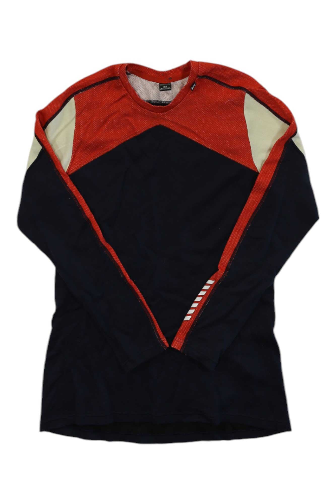 Lightweight crew top, red and dark blue, long sleeves, contrast panel seams