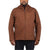 A person wearing the Moosejaw Mens Hooded Softshell Jacket, a brown water-resistant zip-up with two front zippered pockets, stands with arms relaxed at their sides against a white background.