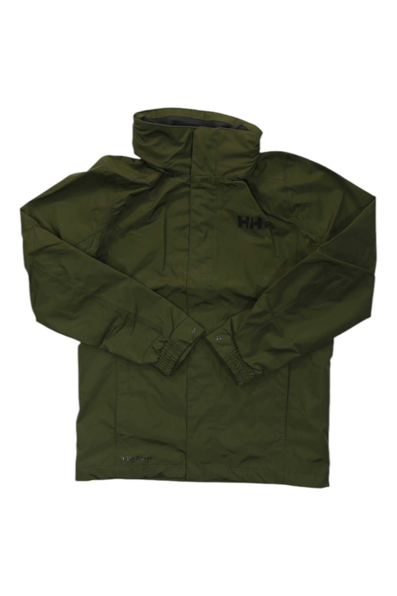 A green Helly Hansen Men's Dubliner Jacket with long sleeves, front zipper, high collar, and black HH logo on the left chest is laid flat on a white background.