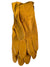 A pair of Filson Original Goatskin Gloves in yellow are stacked, one atop the other, highlighting their smooth goatskin leather texture and subtly worn look.