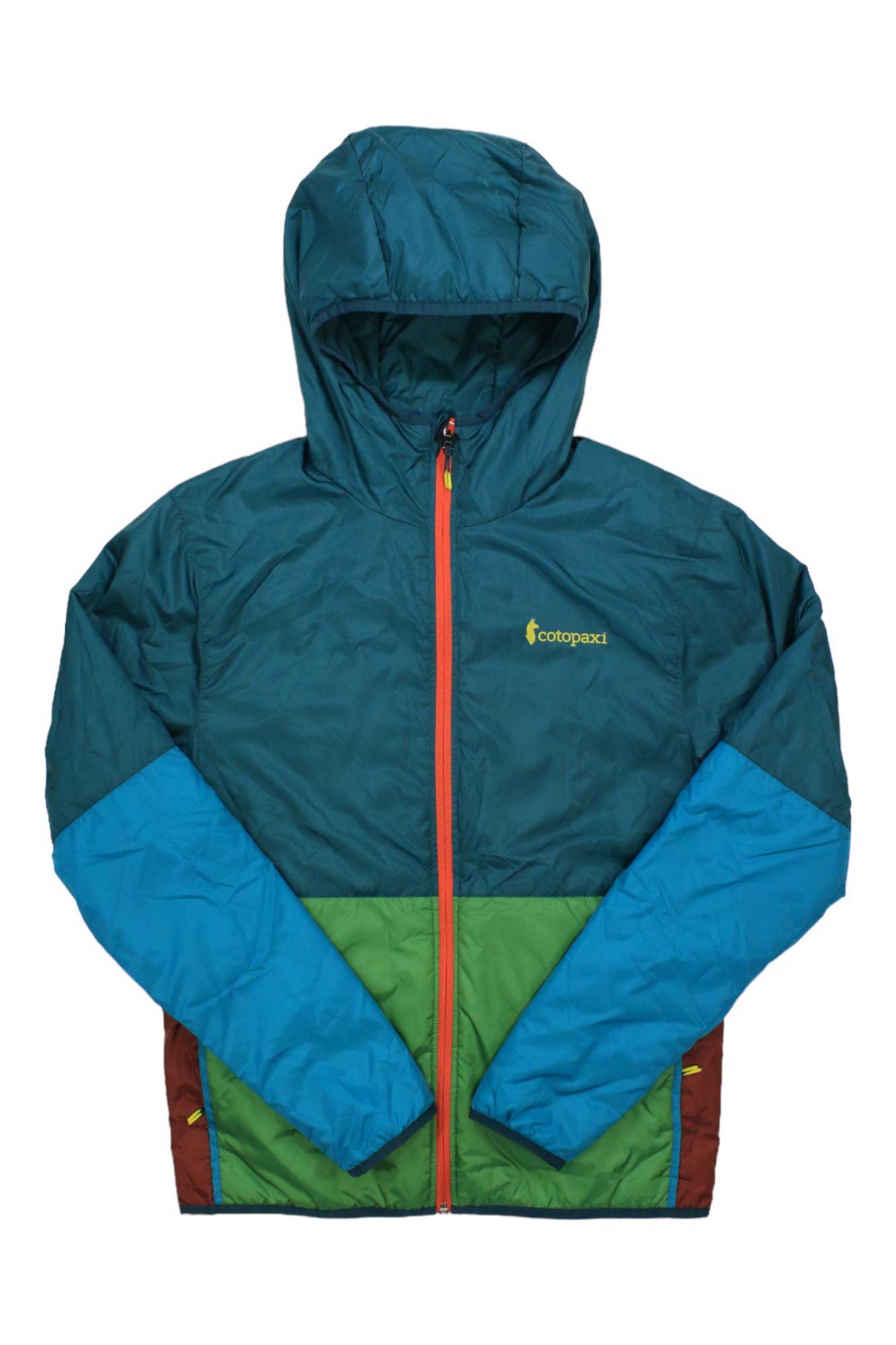 The Cotopaxi Mens Teca Calido Hooded Jacket is a packable, color-blocked jacket with teal sleeves and upper body, green midsection, blue lower sleeves, and brown side panels. Made from recycled materials with a front zipper and chest logo.