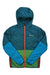 The Cotopaxi Mens Teca Calido Hooded Jacket is a packable, color-blocked jacket with teal sleeves and upper body, green midsection, blue lower sleeves, and brown side panels. Made from recycled materials with a front zipper and chest logo.