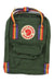 Mini backpack with deep green body, rainbow striped top handles, and front pocket flap