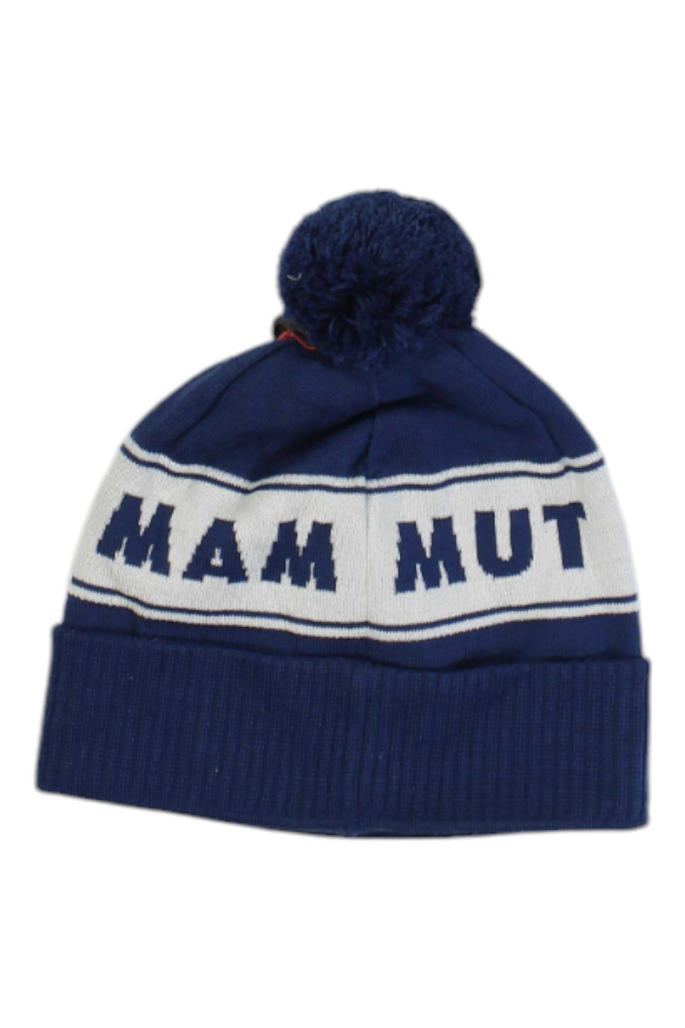 The Mammut Peaks Beanie is a blue and white knit unisex beanie with a pom-pom and bold MAMMUT lettering—ideal for outdoor adventures.
