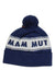 The Mammut Peaks Beanie is a blue and white knit unisex beanie with a pom-pom and bold MAMMUT lettering—ideal for outdoor adventures.