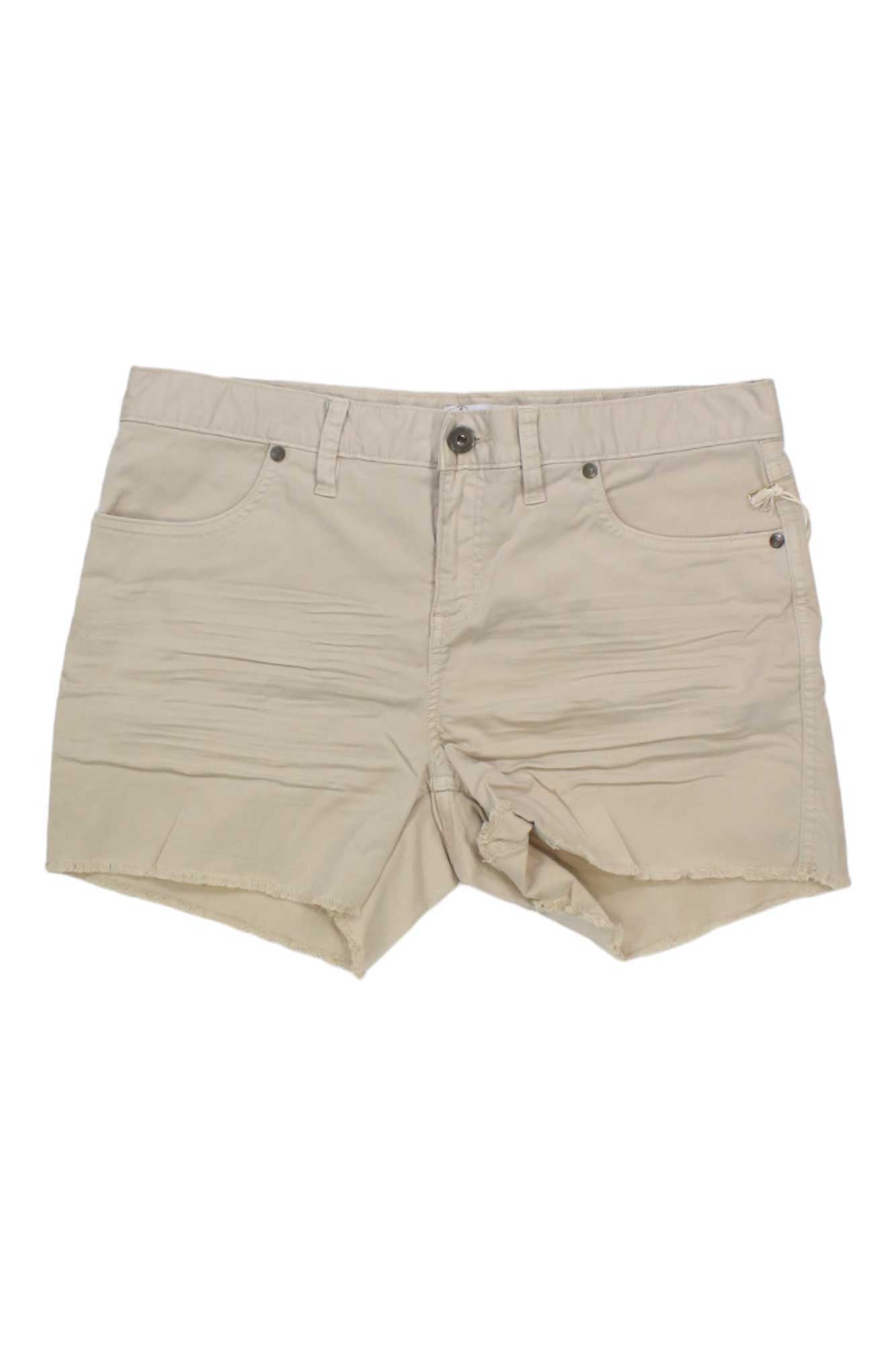 The Carve Designs Womens Oahu Twill Short in beige features a frayed hem, front button and zipper closure, belt loops, and front pockets—perfect for water sports—shown against a white background.