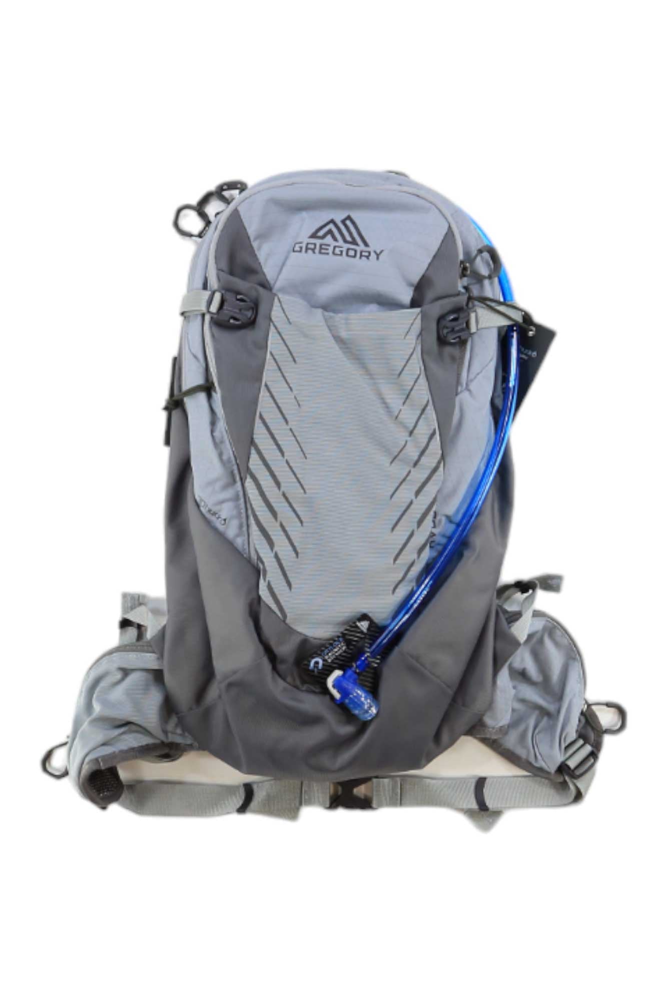 The Gregory Women's Avos 15L H2O Pack is a gray biking backpack with a blue hydration tube, multiple compartments, and adjustable straps, shown against a white background.