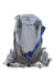 The Gregory Women's Avos 15L H2O Pack is a gray biking backpack with a blue hydration tube, multiple compartments, and adjustable straps, shown against a white background.