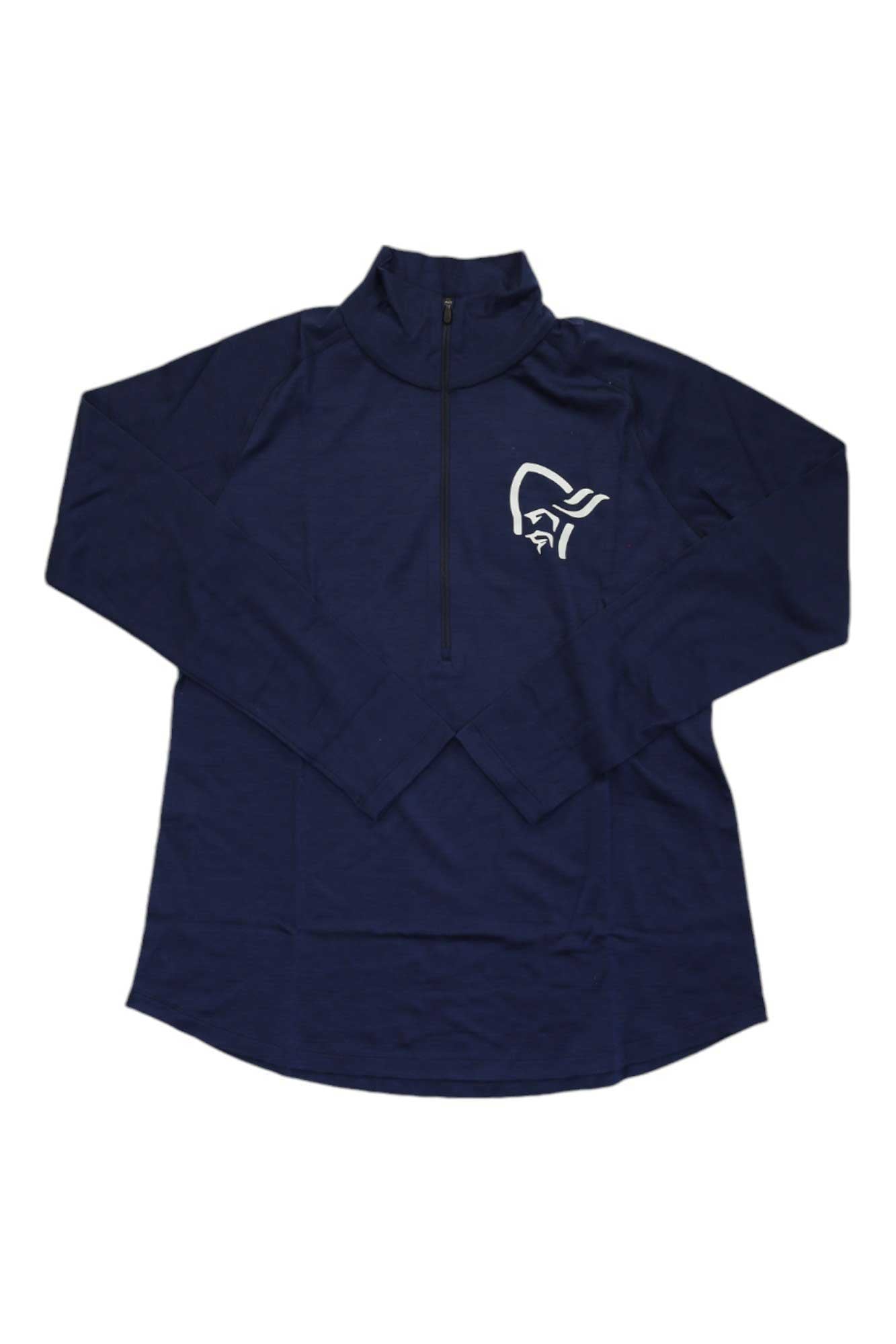 Women’s Pureull zip-neck top in dark navy, long sleeves, stand collar, small logo