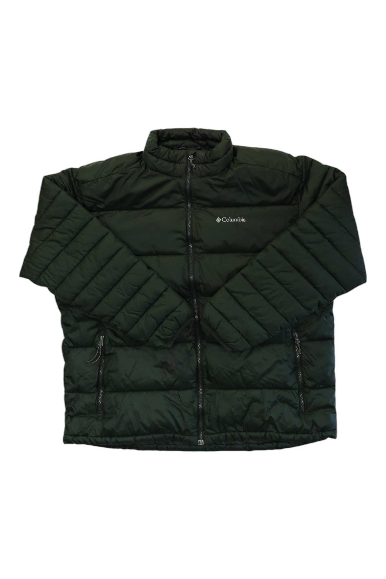 Men's dark green insulated puffer jacket, full-zip with stand collar and quilted panels