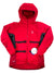 The Mens Nordic Expedition Down HoodJacket is bright red with black side panels, hydrophobic down insulation, dual black adjustable front belts, a zippered chest pocket, and a white round tag at the lower right side.