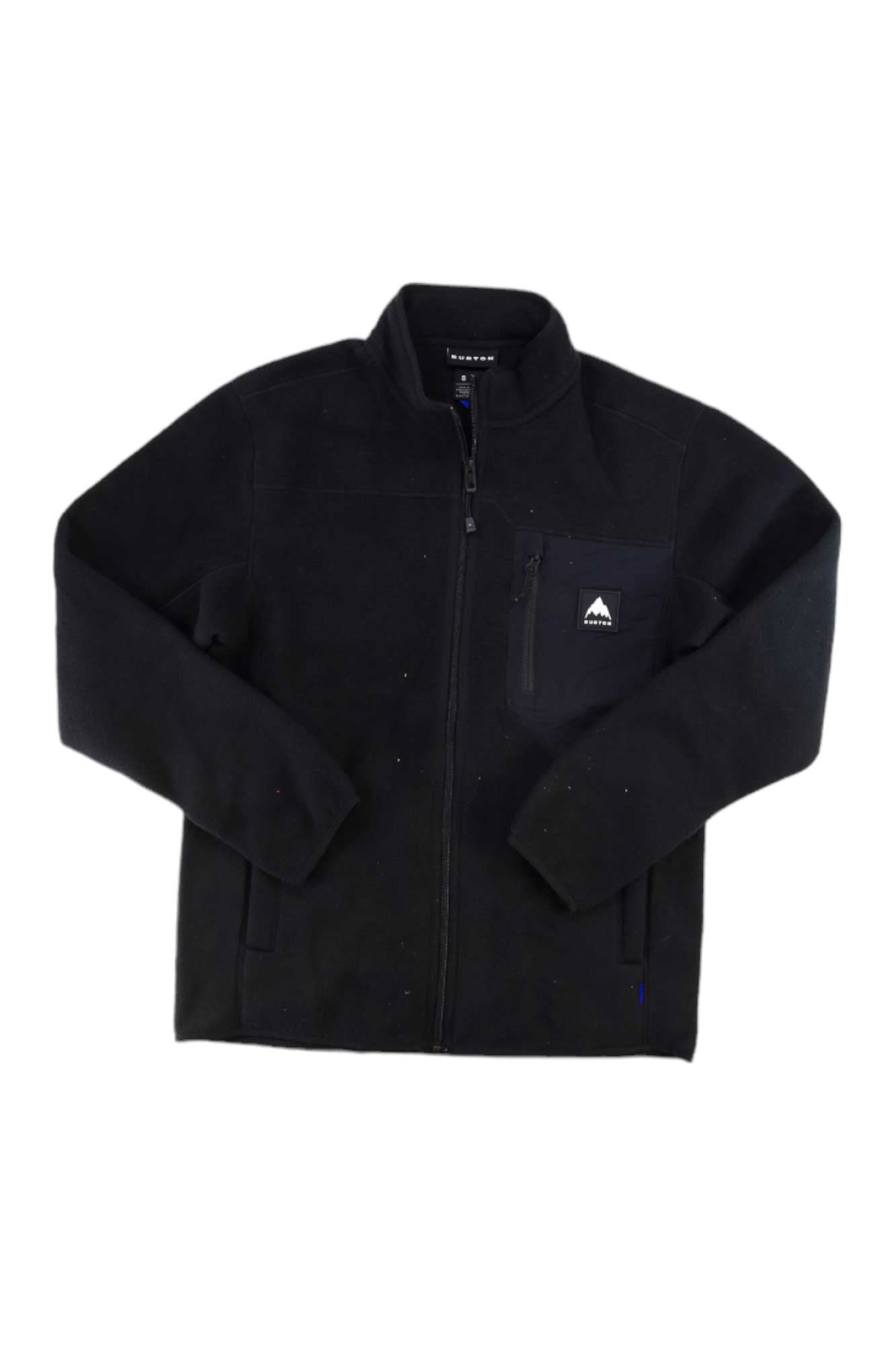 The Burton Mens Cinder Full Zip Fleece Jacket is a black, long-sleeve hiking jacket with a stand-up collar and zippered chest pocket, featuring a small triangular logo and made from recycled polar fleece.