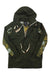 The Crown Bonded Full-Zip Hoodie is a dark green, weather-resistant fleece jacket featuring camouflage-patterned sleeves and lining, beige drawstrings at the waist and hood, and a partially open front that reveals the inner label.