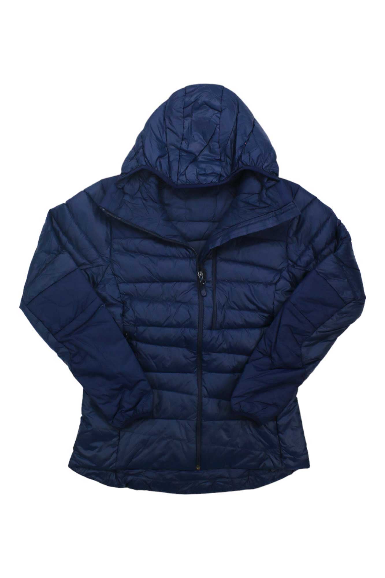 Norrona Women's Falketind Down750 down hoodie, dark navy quilted stitch detail, hooded