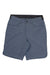 The Club Ride Mens Rider Printed Short is knee-length, blue-gray, with front pockets, belt loops, and a button closure. These stretch shorts are shown flat on a white background.