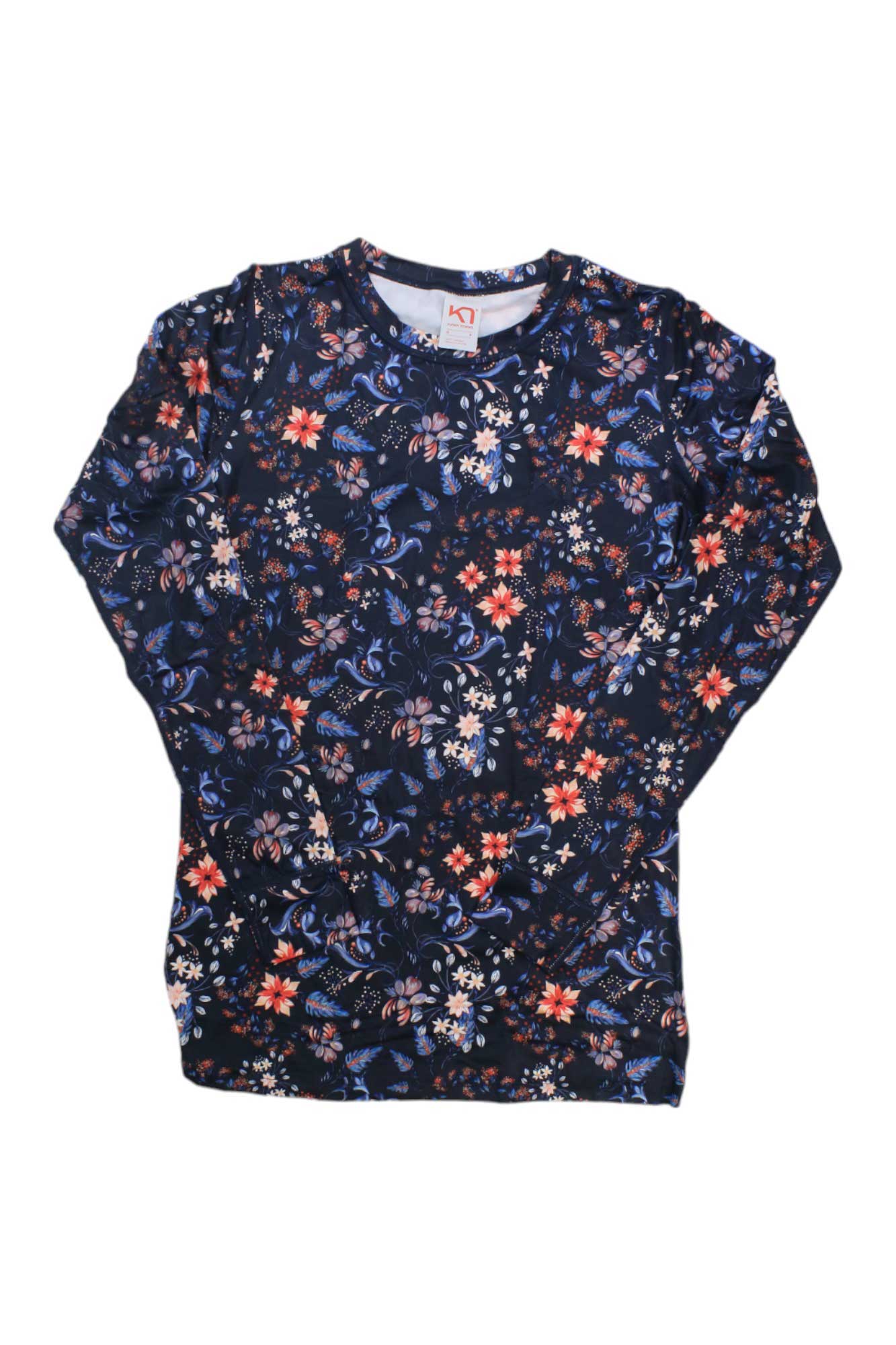 The Kari Traa Women's Fryd Longsleeve features a dark blue base with a red, white, and light blue floral pattern. Made from quick-drying fabric for comfort, it is shown laid flat on a white surface.